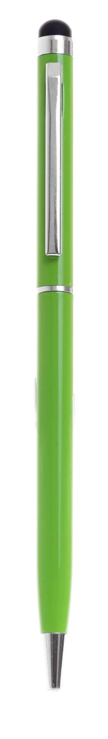 A green slimline metal twist-action stylus pen with a silver clip and a black stylus tip.