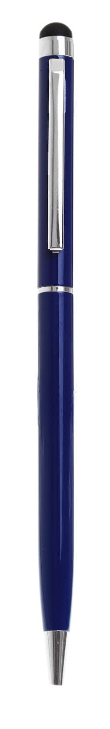 A slimline metal twist-action stylus pen in navy blue with a silver clip and black stylus tip.