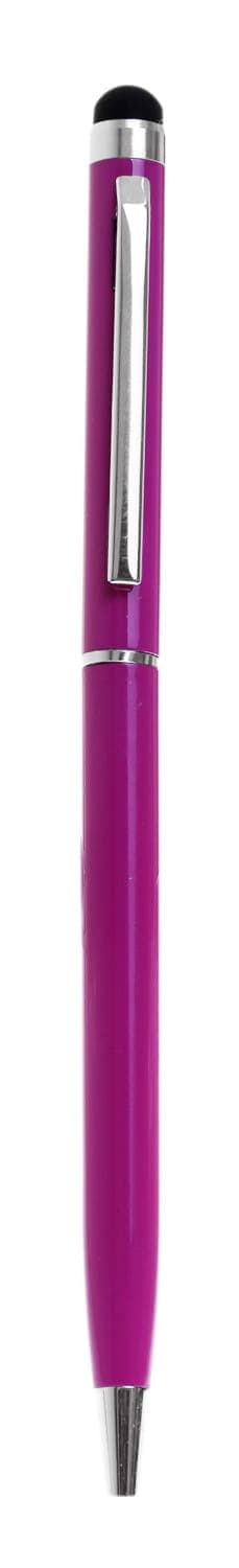 A slimline metal twist-action stylus pen in vibrant purple, featuring a silver clip and a black tip.