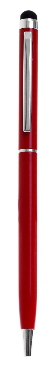 A red slimline metal twist-action stylus pen with a silver accent and a black top. It features a logo on the body.