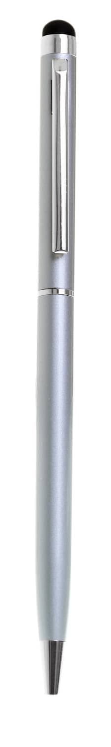 A silver metal twist-action stylus pen with a sleek design and a clip, featuring a black stylus tip.