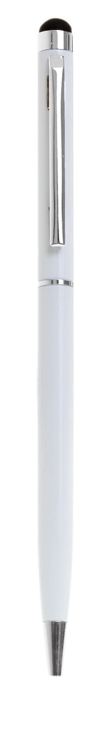 A slimline metal twist-action stylus pen in white with a silver clip and tip. It features a branding logo.