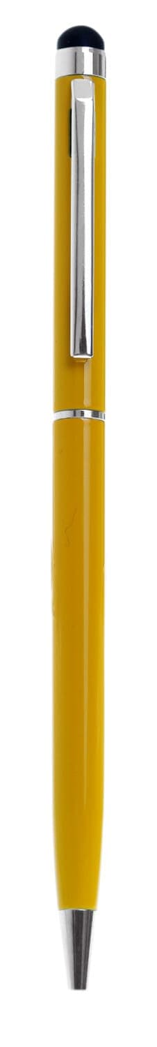 A stylus pen in a vibrant yellow colour with a sleek metal finish and a twist-action mechanism. Features a logo.