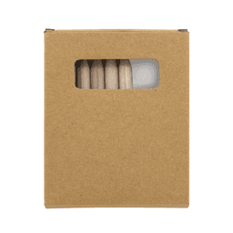 A brown cardboard box containing six coloured pencils visible through a transparent window.