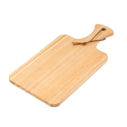 A pinewood cutting board with a natural finish and a leather loop for hanging. It has a rectangular shape and smooth surface.