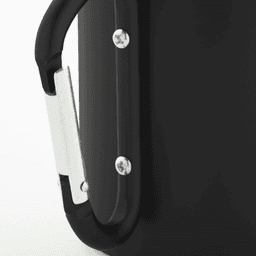 A drink bottle featuring a sleek black design with a metallic handle and silver screws, accompanied by a logo.
