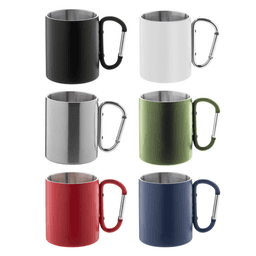 A drink bottle featuring a stainless steel interior with a carabiner handle in black, white, silver, green, red, and blue.