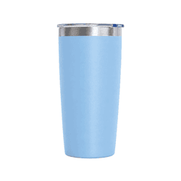 A drink bottle in light blue with a stainless steel lid, featuring a smooth, matte finish and a logo.