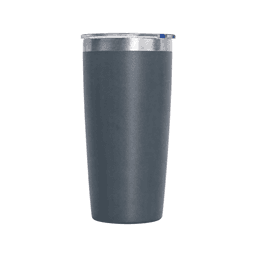 A drink bottle in dark grey with a stainless steel lid and a smooth matte finish. It features a logo.