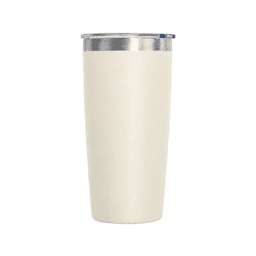 A vacuum cup in cream colour with a silver lid and a logo. Holds 300ml of liquid.