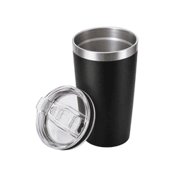 A drink bottle featuring a black exterior and stainless steel inner, accompanied by a clear lid.