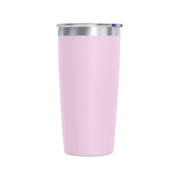 A drink bottle in light pink with a silver lid, featuring a logo on the body.