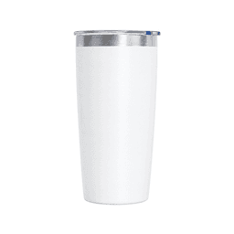 A drink bottle in white with a silver lid and a logo, featuring a sleek and modern design.