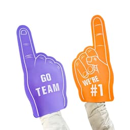 Two foam hand supporters, one purple with "GO TEAM" and one orange with "WE'RE #1," both featuring a raised finger design.
