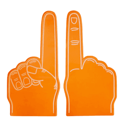 Two orange EVA foam supporters shaped like hands, one with a finger raised and the other with a fist.