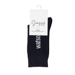 A pair of black bamboo socks featuring white text, displayed with a tag showing the brand name and product details.