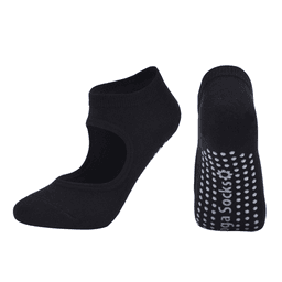A pair of black yoga socks featuring an open top design and dotted grip on the soles. They have a logo.