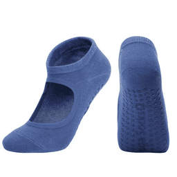 A pair of blue yoga socks with an open top and textured soles for grip, featuring a logo on the side.