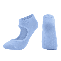 Light blue open top yoga socks featuring non-slip grip on the sole and a snug fit. Includes a logo on the side.