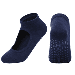 A pair of navy yoga socks with an open top and textured grip on the soles. The socks feature a logo.
