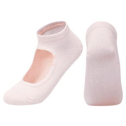 A pair of light pink yoga socks featuring an open top design and a snug fit. Brand logo is visible on the socks.