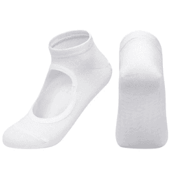 A pair of white open-top yoga socks featuring a non-slip design and a comfortable fit.