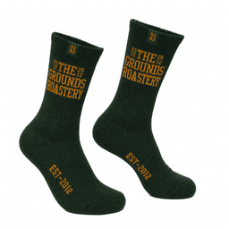 A pair of dark green crew socks featuring yellow text and a logo. Suitable for casual wear.