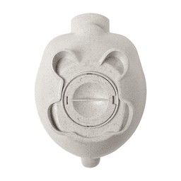 A grey piggy bank in the shape of a pig with a round coin slot and a circular base. Features a simple design.