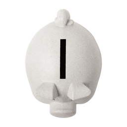 A white piggy bank in a cartoonish pig shape with a vertical slot on top and flat ears.