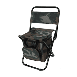 A camouflaged foldable camping chair with a cooler bag underneath and a sturdy black frame. The product includes branding.
