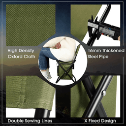 A green foldable camping chair with a cooler bag, featuring thickened steel pipes and high-density Oxford cloth.