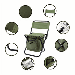 A green foldable camping chair with a cooler bag, featuring a black frame and various close-up details.