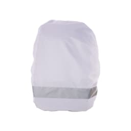 AERO Custom Reflective RPET Backpack Cover in white with a reflective silver band. Includes a logo.