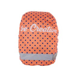 An orange and navy polka-dotted backpack cover with a reflective strip and a logo on the front.