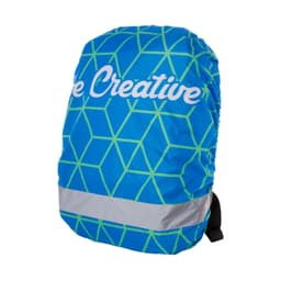 A blue and green geometric-patterned reflective backpack cover with a logo and a grey reflective strip.