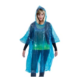 A blue transparent poncho with a hood, worn by a woman, featuring a loose, flowing design.