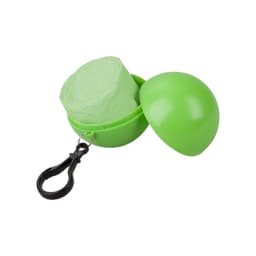 A green poncho rolled inside a round, green case with a clip for easy attachment. It features a branding logo.