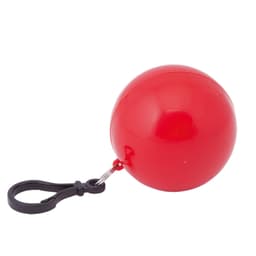 A red ball keyring with a black clip, designed to hold a poncho inside.