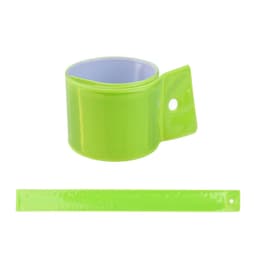 A reflective wrist band in bright green, featuring a smooth surface and a hole for adjustment. Includes a logo.