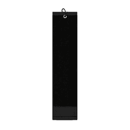 A black cotton golf towel featuring a hang loop, suitable for golf enthusiasts.