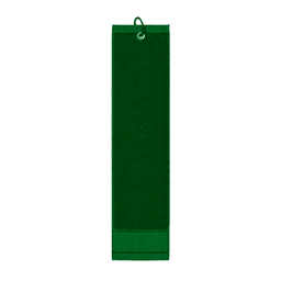 A green cotton golf towel featuring a hanging loop and a solid colour design. It has a logo on it.