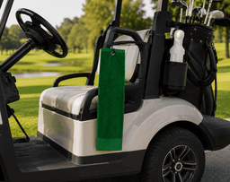A green cotton golf towel hangs from a golf cart, with golf clubs visible in the background on a sunny course.