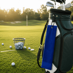 A blue cotton golf towel hangs from a golf bag beside a basket of golf balls on a grassy field.