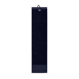 A navy cotton golf towel with a hanging loop, featuring a simple design and a logo.