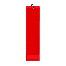 A red cotton golf towel with a hanging loop and a simple design. It features one logo on the surface.