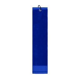 A blue cotton golf towel with a loop for hanging. Features a simple design and soft texture.