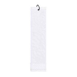 A cotton golf towel in white featuring a hanging loop and a stitched hem.