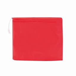 A red poncho is folded and packaged in a compact design, featuring a drawstring closure and a subtle logo.