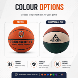 A brown basketball with a textured surface, featuring a logo. Beside it, a customised basketball in multiple colours.