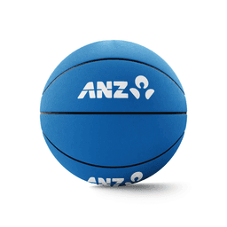 A blue promotional basketball featuring a logo, with a textured surface and black stripes.